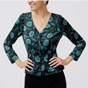 J Crew Green Satin Crepe Poppy Print‎ Blouse